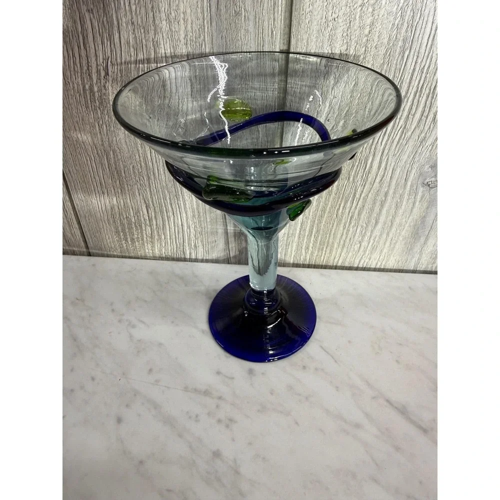 Hand Blown Recycled Glass Margarita Glass Cobalt Blue Spiral Green Dots Mexico